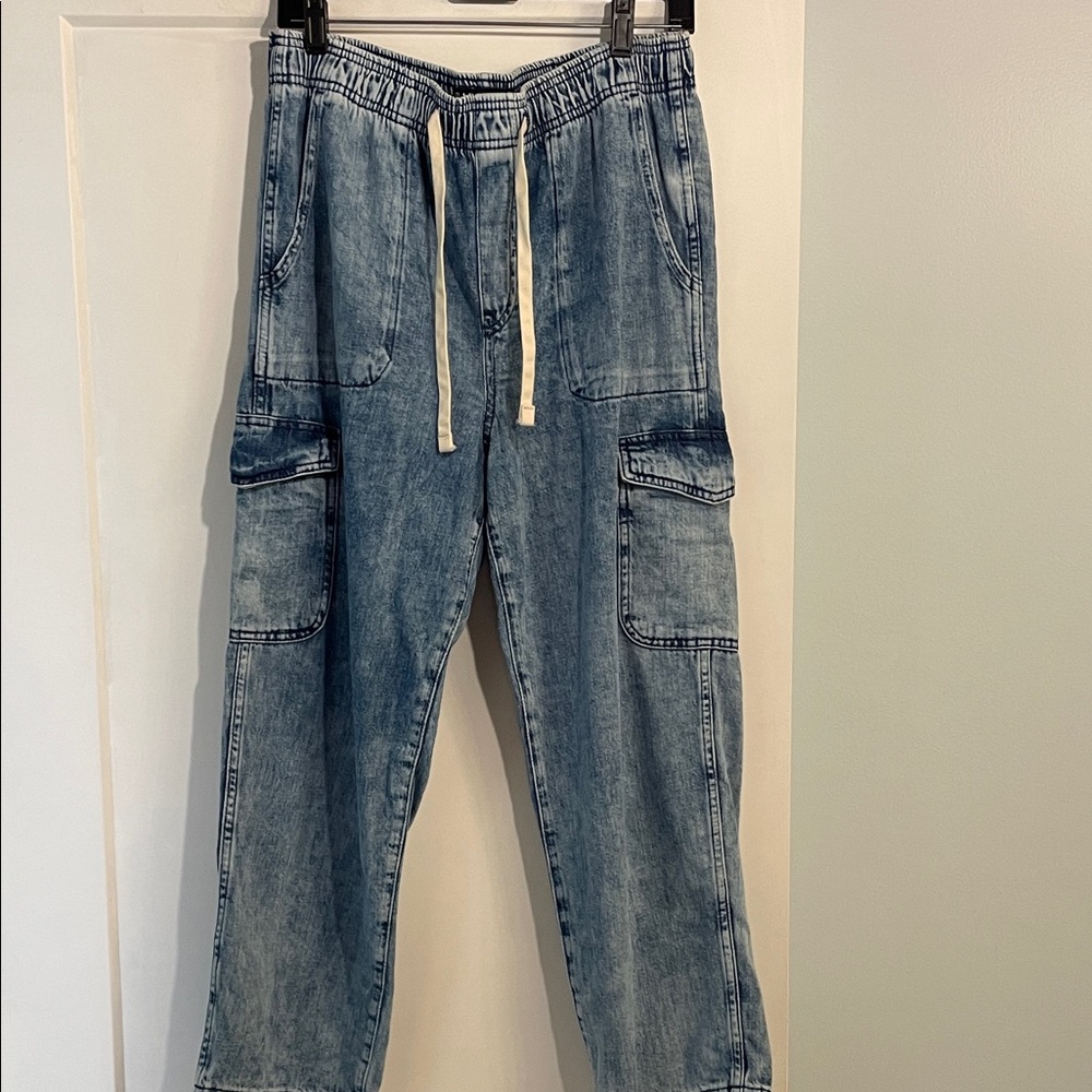 Gap Easy Denim Pull-on High Rise Cargo Pant Elastic Waist Drawstring Size Med